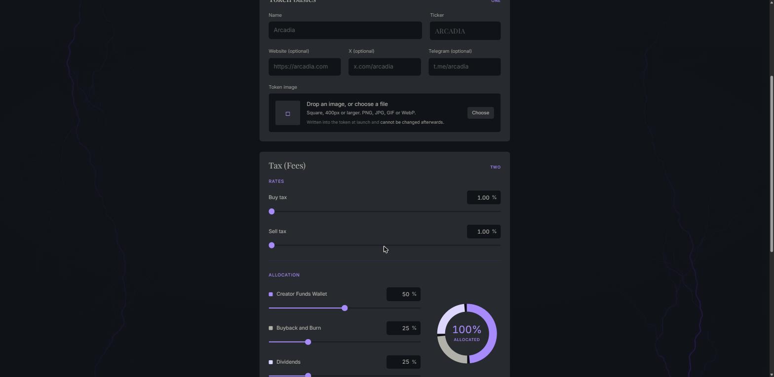 The launch form's tax section: buy and sell tax sliders, and an allocation split between creator funds, buyback and burn, and dividends.
